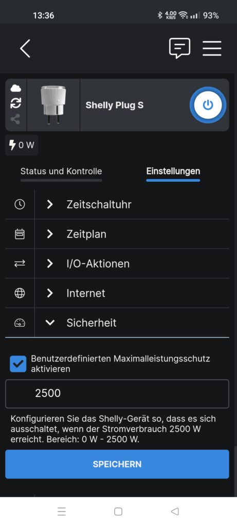 Shelly Plug S - Einstellungen - Sicherheit